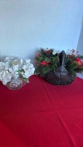 lot 1234 image: Decorative Basket with faux Floral Arrangement and Cut Glass Bowl with faux Flowers