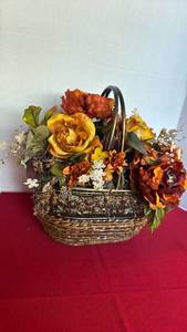 lot 1235 image: Wicker and metal decorative basket with faux floral arrangement