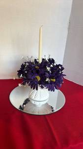 lot 1236 image: Fenton Art Glass white milk glass hobnail pedestal candle holder with faux floral arrangement and candle and mirror