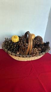 lot 1237 image: Woven Basket with Pine Cones, Gourds and Decorative Handle