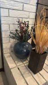 lot 1245 image: Dark Blue Ceramic Vase with faux Floral Arrangement and metal and glass vases with faux wheat