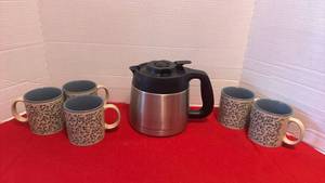 lot 1406 image: 10-cup stainless steel thermal coffee carafe and 5 coffee cups