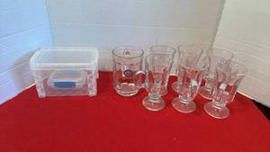 lot 1413 image: Budweiser Glass Mug and Footed Goblet Set with Storage Container