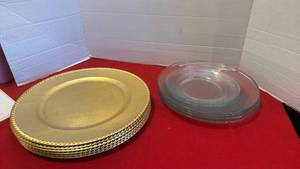 lot 1416 image: Glass dinner and salad plates and gold toned charger plates