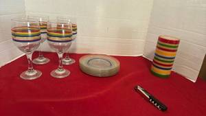 lot 1426 image: Striped Glassware Lot 4 Wine Glasses, Plates candle and wine opener