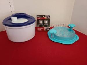 lot 1436 image: Salad Spinner, chicken shredder,  and salt and pepper shakers