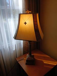 lot 1569 image: Table Lamp with Fleur-de-Lis Finial and Fabric Shade 32 inches tall