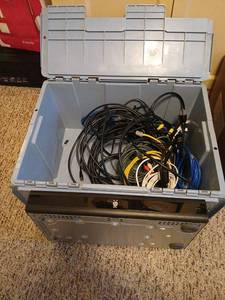 lot 1617 image: Comitico Storage Box with Cords and Cables and TiVo