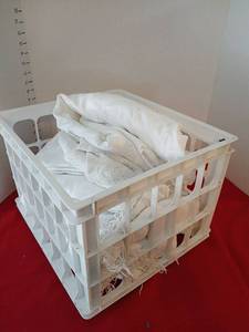 lot 1716 image: Lot of White Linens queen fitted and flat sheet with throw and pillowcases
