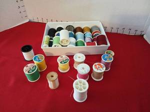 lot 1728 image: Sewing Thread Lot Spools Assorted Colors Plastic Storage Container