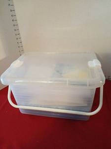lot 1756 image: Quilted Fabric Squares and Batting Pieces Lot with Storage Container started project