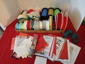 lot 1760 image: Craft Ribbon and Card Lot with Spools and Embellishments