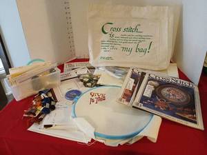 lot 1762 image: Cross Stitch Crafts Lot with Magazines, Floss, Hoops, Patterns and Bag