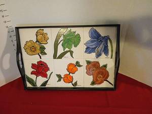 lot 1800 image: Tray with Botanical Flower Art Six Panel Print Yellow Red Orange Blue
