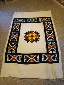 lot 1804 image: Woven Blanket Throw with Geometric Pattern Black Orange Yellow Cream