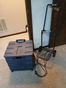 lot 2203 image: Blue Rolling craft Box with Telescoping Handle and foldable and foldable luggage carrier located in basement