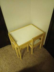 lot 2306 image: Childrens table  with Two Chairs table is 18x25x19 located in basement