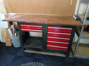 lot 3003 image: Work Bench with Red Tool Drawers and Wood Top 33x60x24inches