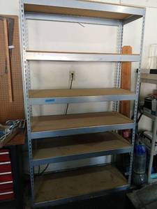 lot 3007 image: Industrial Metal Shelving Unit 5-Shelf Storage Rack 84x48x19  buyer moves and loads located in garage