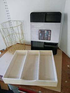 lot 3011 image: Phantom Chef Expandable Drawer Organizer Black L26.9-47.5cm W39.5cm H5.8cm, additional  drawer organizer  and gold tone waste basket and