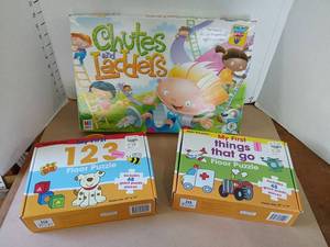 lot 3029 image: MB Games Chutes and Ladders  My First 123  My First Things That Go Floor Puzzle Lot and Chutes and ladders