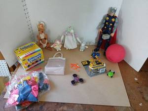 lot 3030 image: Mixed Toy Lot Action Figures Sidewalk Chalk CAT Vehicles Fidget Spinner
