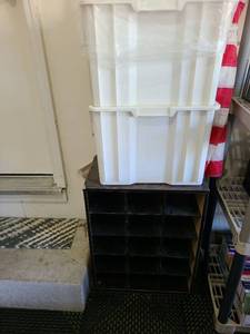 lot 3100 image: Garage organizer 24x19x12, two white plastic stacking bins