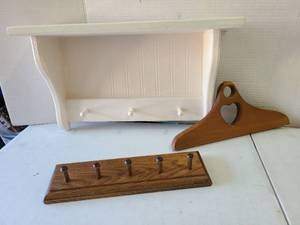 lot 3104 image: White wooden shelf with hooks, 11x18x4.5, and more