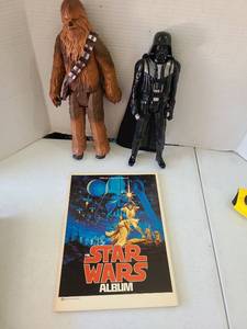 lot 3126 image: Star Wars characters Chewbacca 14in tall, and Darth Vader 12in tall, plus Star Wars Collectors book