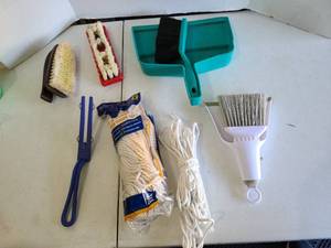 lot 3219 image: Cleaning Supply Lot Brushes Dustpan Rope Caddy Tools