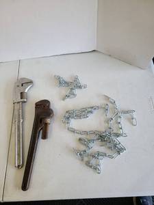 lot 3227 image: Pipe Wrench and Chain Lot with Metal Chains