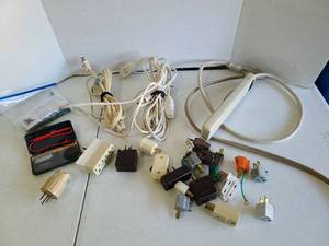 lot 3230 image: Lot of Electrical Cords, Outlets, Power Adapters, and RadioShack Digital Multimeter