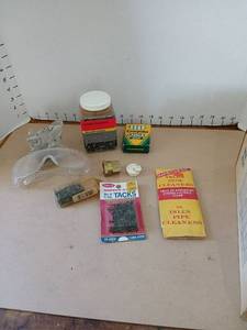lot 3307 image: Lot of Hardware Supplies Tacks Chalk Cleaners Grease Container Safety Glasses