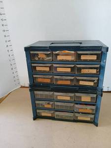 lot 3308 image: Multi-Drawer Parts Organizer Cabinet with Plastic Drawers and Contents