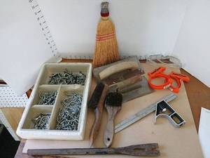 lot 3314 image: Construction Tool Lot Fasteners Brushes Level Clamps and peg board hanger attachments