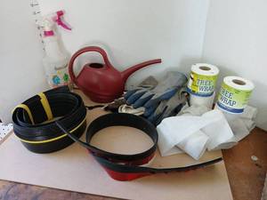 lot 3327 image: Garden Tool Lot Watering Can tree Wrap Gloves Spray Bottle