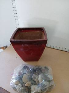lot 3331 image: Red Ceramic Planter with Stones Lot