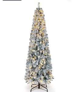lot 6664 image: 6FT Pre-Lit Snow Flocked Pencil Artificial Christmas Tree, 775 Dense Branch Tips with 250 Multicolor LED Lights, Sturdy Foldable Base, White Corner Decor for Home Office - Retail $0