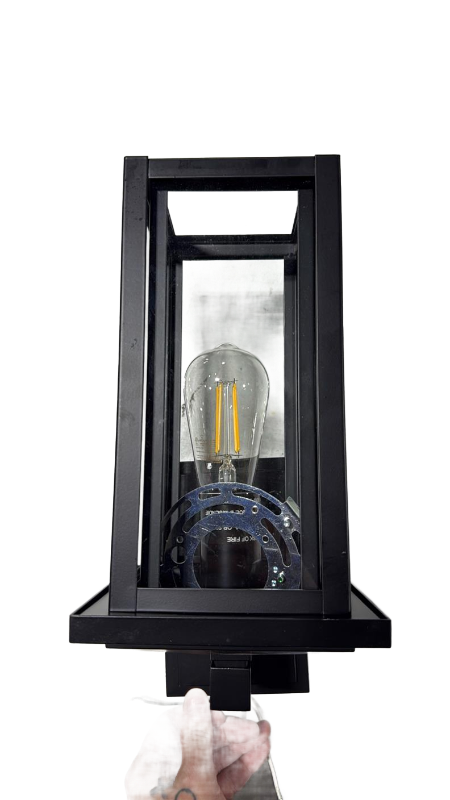 lot 5859 image: Black Outdoor Wall Sconce with Filament Bulb and Seeded Glass - Retail $0