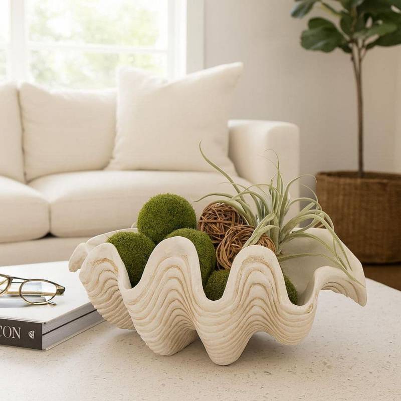 lot 5506 image: Decorative Clam Shell Bowl for Coffee Table Decor - Coastal Inspired Bowl for Centerpiece Table Decorations or Home Accents - Elegant Key Holder  Candy and Kitchen Counter Decor - 8   Ivory & Tan - Retail $60