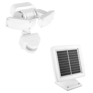 lot 6595 image: Defiant 180° White Motion Sensor Solar Powered Outdoor 2-Head LED Security Flood Light 500 Lumens - Retail $45