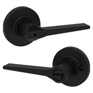 lot 6617 image: Hollis Round Rose Matte Black Privacy BedBath Door Lever - Retail $34