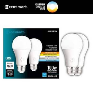 lot 6631 image: Lot of 2 EcoSmart 100-Watt Equivalent A19 Dimmable CEC LED Light Bulb with Selectable Color Temperature (2-Pack) - Retail $21
