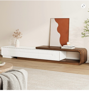 Blotout Extendable TV Stand for TVs up to 120", 81"-112" Reversible Entertainment Center with 3 Storage Drawers, Round Corner Slanted Edge Design, Minimalist Wood TV Console for Living Room - Retail: $150