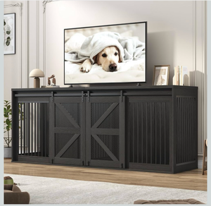 lot 409 image: jiteentarou87In Farmhouse Dog Crate TV Stand, Wooden Dog Kennel Furniture with Sliding Metal Mesh Barn Door, Large Dog Crate Furniture for 2 Dogs, Solid Metal Tube & 2 Lockable Doors, Wood Grain Black - Retail $399