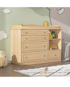 lot 410 image: Wood Changing Table Dresser, Baby Nursery Dresser, Baby Diaper Changing Table, 5 Drawers, Adjustable Shelves, Metal Handle, Curved Wrapping Design, Nature - Retail $300