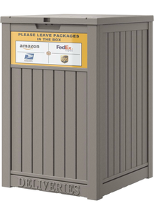 lot 416 image: Package Delivery Box for Outside, with Delivery Sign 48 Gallon Storage with Lockable Secure, Large Resin Outdoor Package Drop Container - Retail $95