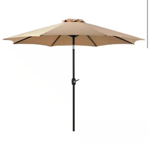 lot 430 image: 9FT Patio Umbrella Outdoor Table Market Umbrella with Push Button Tilt & Crank, 8 Sturdy Ribs Waterproof UV Protection Fade-Resistant for Garden, Deck, Backyard, Pool, Khaki - Retail $60