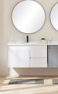 lot 436 image: Floating Bathroom Vanity 32 Inch, Wall Mounted Bathroom Vanity with Ceramic Sink and 2 Drawers for Storage, Modern Wave-Carved Design Wooden Sink Cabinet, White  - Retail $275
