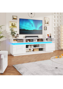 lot 438 image: chartustriable LED TV Stand for 95 Inch TV, Modern Tall Entertainment Center with Power Outlets, High Gloss TV Stand, Gaming TV Media Console for Living Room, 83 Inch, White - Retail $220